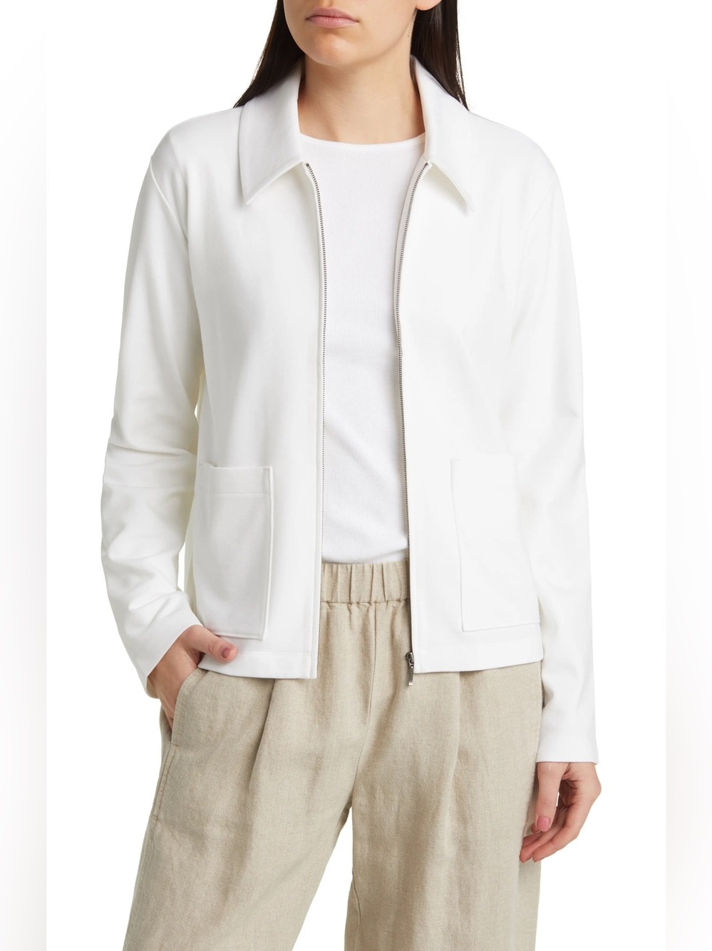 Eileen Fisher Classic Point Collar Zip-Up Ponte Jacket in White Size Medium